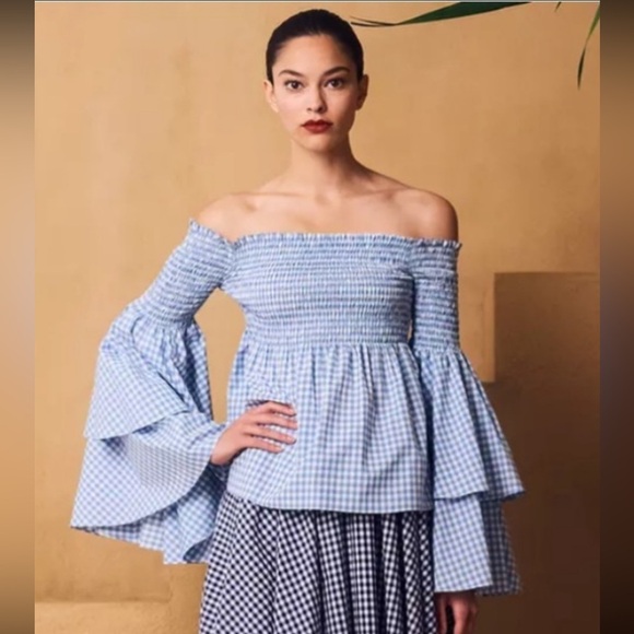 Caroline Constas Appolonia Off Shoulder Top Gingham Navy White Bell Sleeve XS - Picture 1 of 14